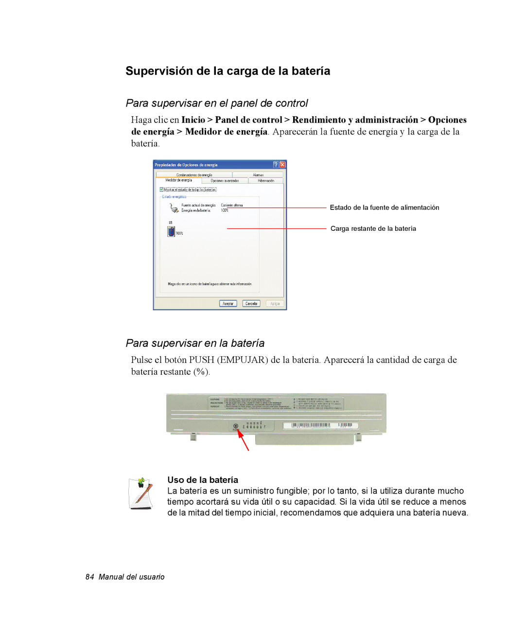 Samsung NQ25PRC002/SES Supervisión de la carga de la batería, Para supervisar en el panel de control, Uso de la batería 