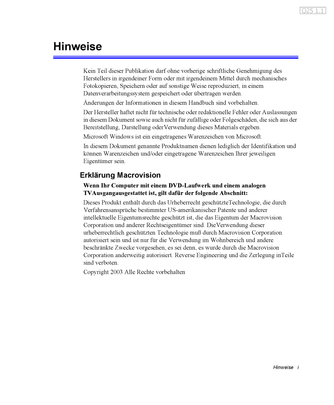 Samsung NQ25PRT002/SEG, NQ25PRT001/SEG, NQ25RP04NV/SEK, NQ25RP038P/SEG, NQ25PRT000/SEG manual Hinweise, Erklärung Macrovision 