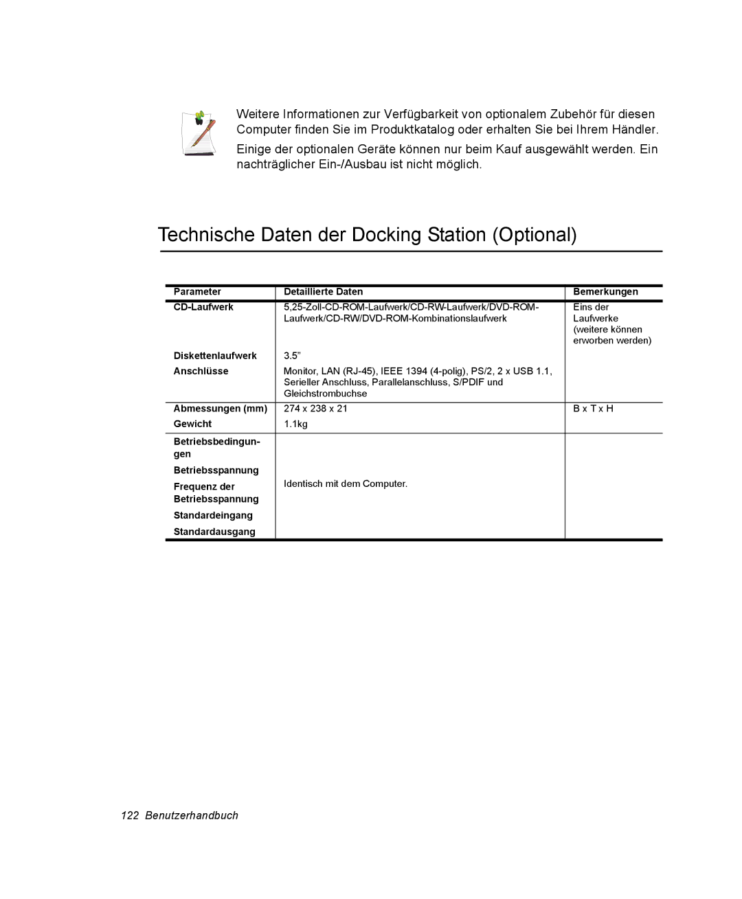 Samsung NQ25TP06R5/SEG Technische Daten der Docking Station Optional, Parameter Detaillierte Daten Bemerkungen CD-Laufwerk 