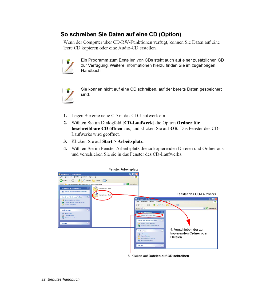 Samsung NQ25PRT003/SEG, NQ25PRT001/SEG manual So schreiben Sie Daten auf eine CD Option, Klicken Sie auf Start Arbeitsplatz 