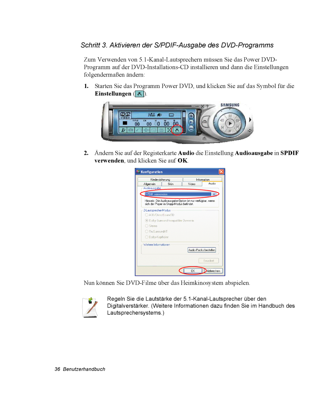 Samsung NQ25PRT002/SEG, NQ25PRT001/SEG, NQ25RP04NV/SEK manual Schritt 3. Aktivieren der S/PDIF-Ausgabe des DVD-Programms 