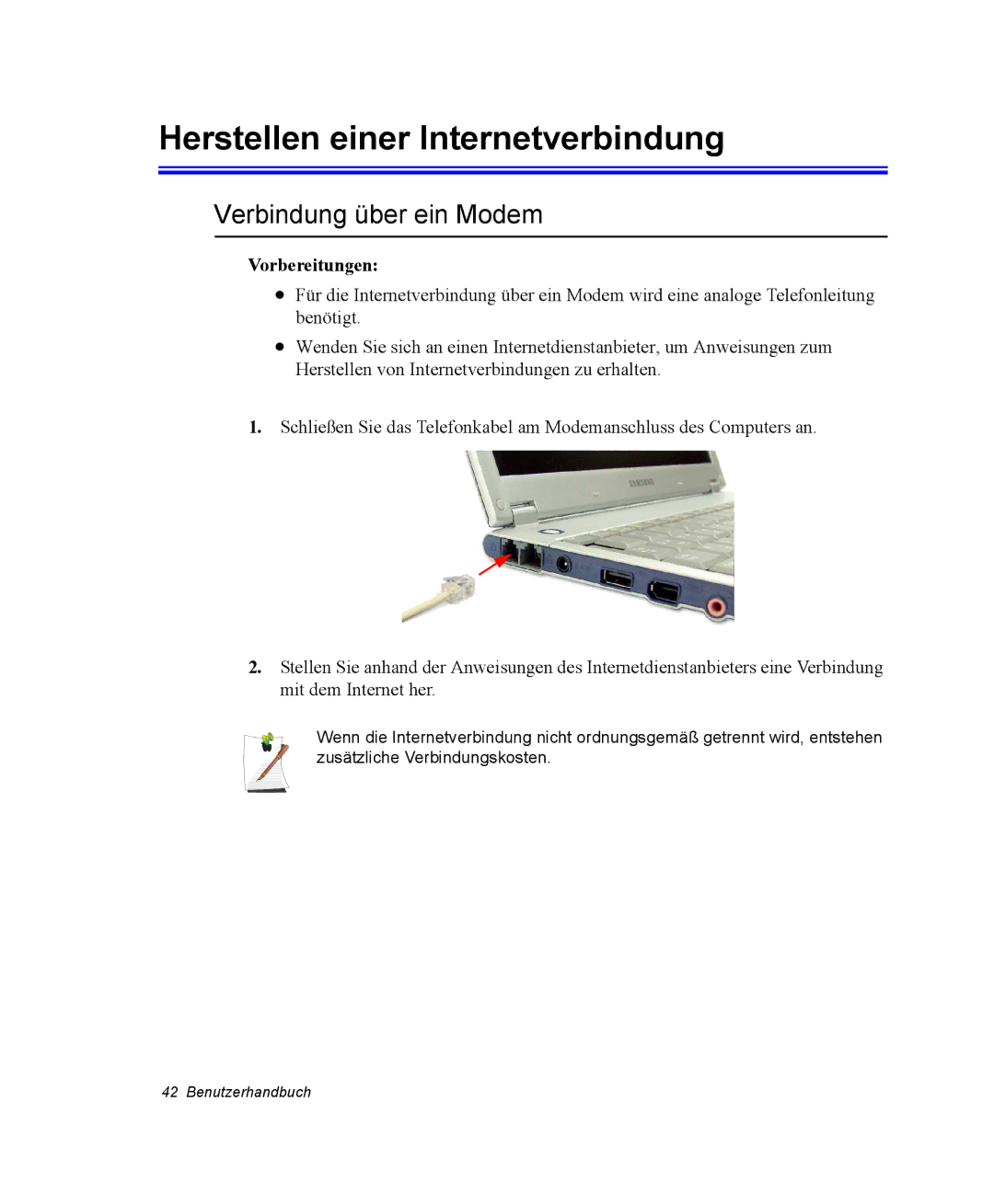 Samsung NQ25TP06R5/SEG, NQ25PRT001/SEG manual Herstellen einer Internetverbindung, Verbindung über ein Modem, Vorbereitungen 