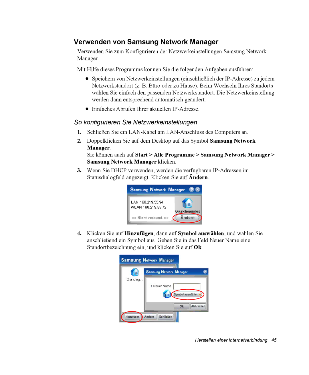 Samsung NQ25RP04NV/SEK, NQ25PRT001/SEG Verwenden von Samsung Network Manager, So konfigurieren Sie Netzwerkeinstellungen 