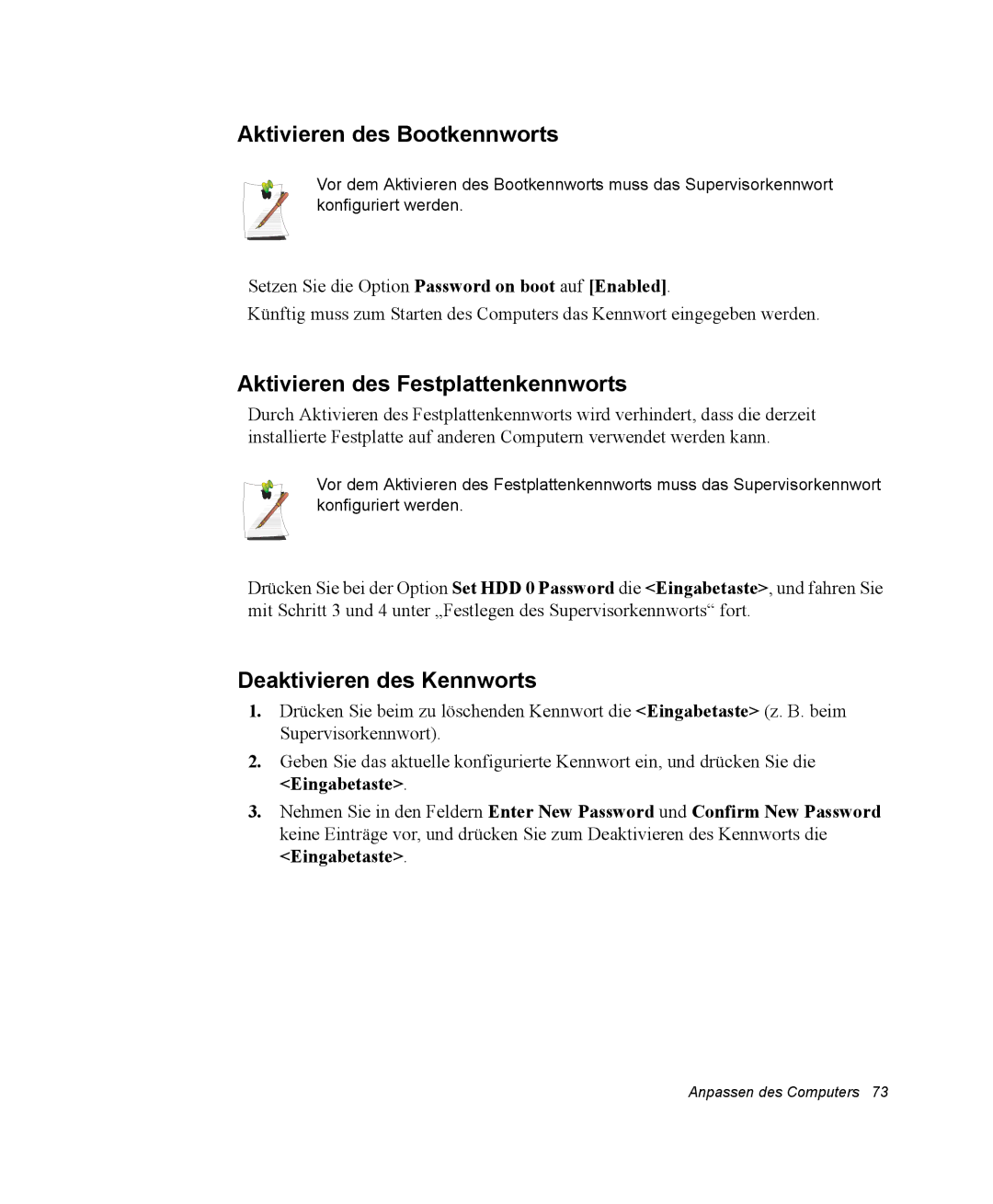 Samsung NQ25RH032V/SER manual Aktivieren des Bootkennworts, Aktivieren des Festplattenkennworts, Deaktivieren des Kennworts 