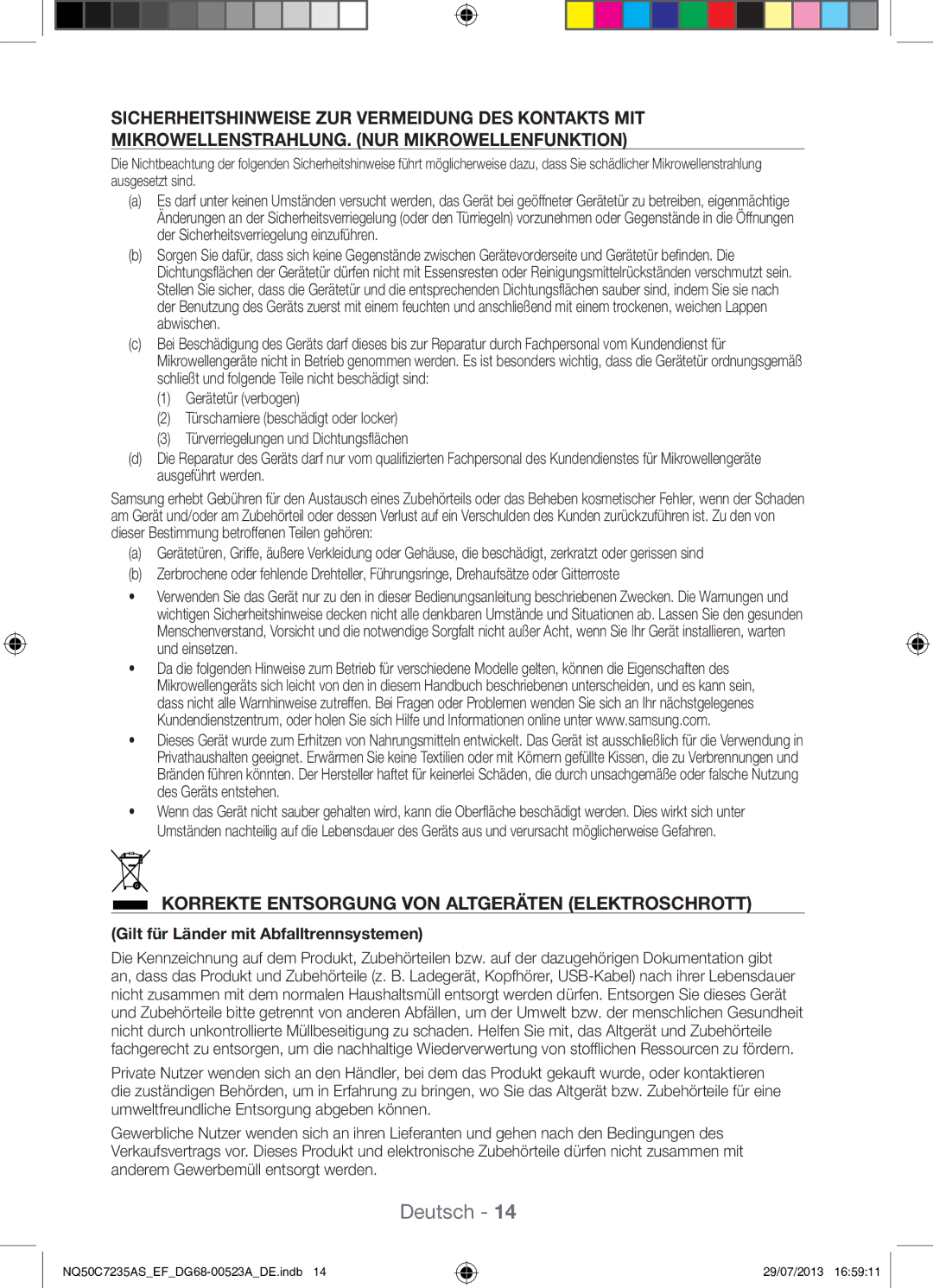 Samsung NQ50C7235AS/EF manual Korrekte Entsorgung VON Altgeräten Elektroschrott, Gilt für Länder mit Abfalltrennsystemen 