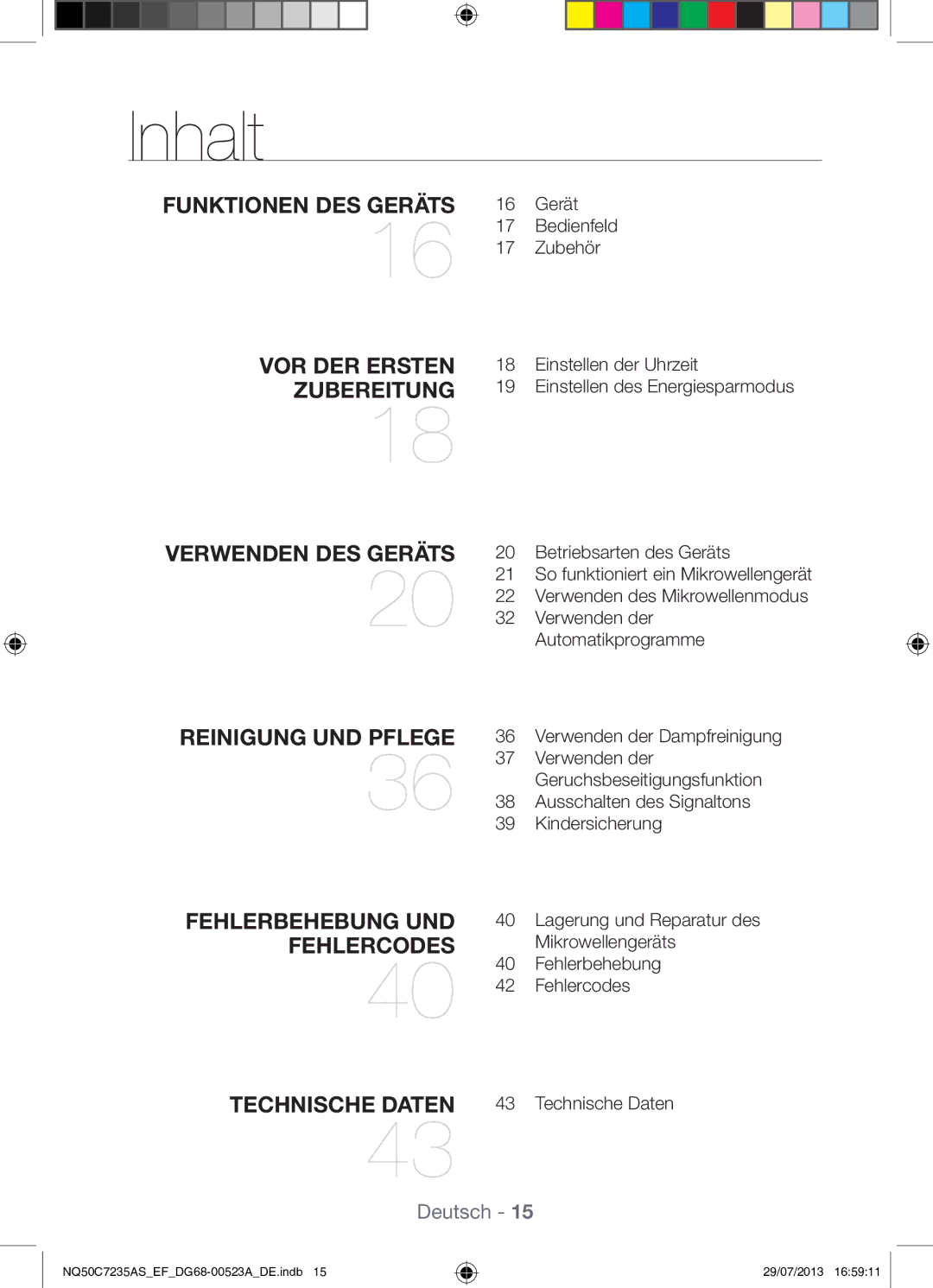 Samsung NQ50C7235AS/EF manual Inhalt, Verwenden der Automatikprogramme, Verwenden der Geruchsbeseitigungsfunktion 