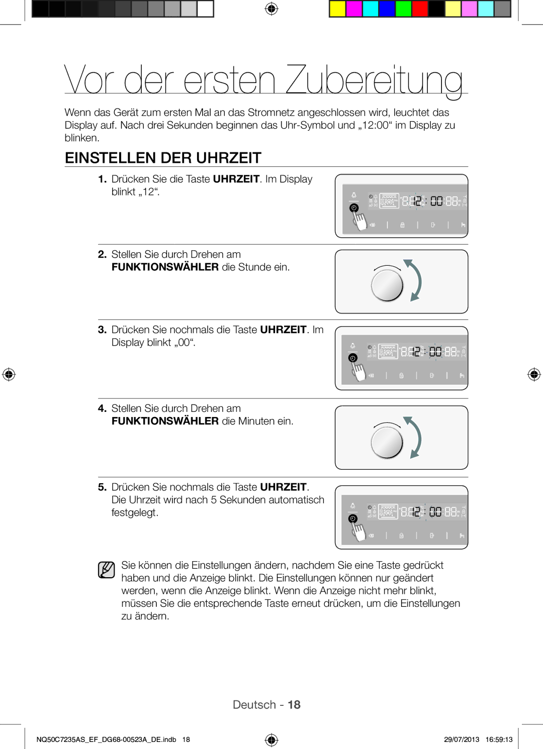 Samsung NQ50C7235AS/EF manual Vor der ersten Zubereitung, Einstellen DER Uhrzeit, Funktionswähler die Stunde ein 