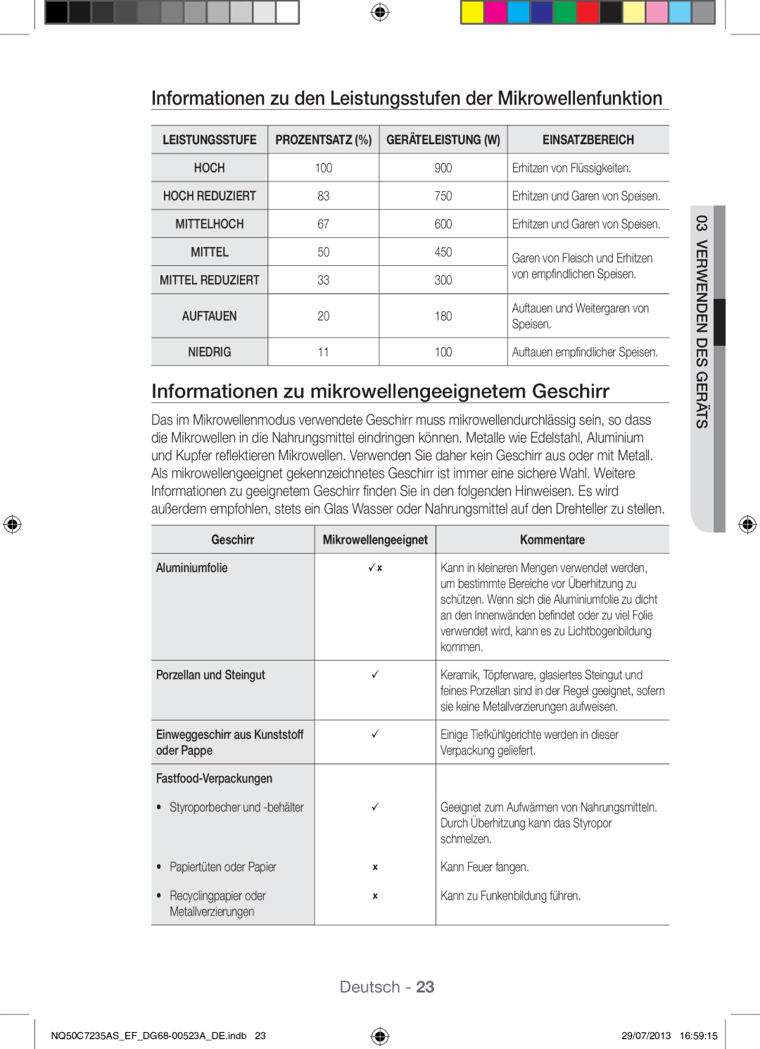 Samsung NQ50C7235AS/EF manual Informationen zu mikrowellengeeignetem Geschirr, Kommentare 