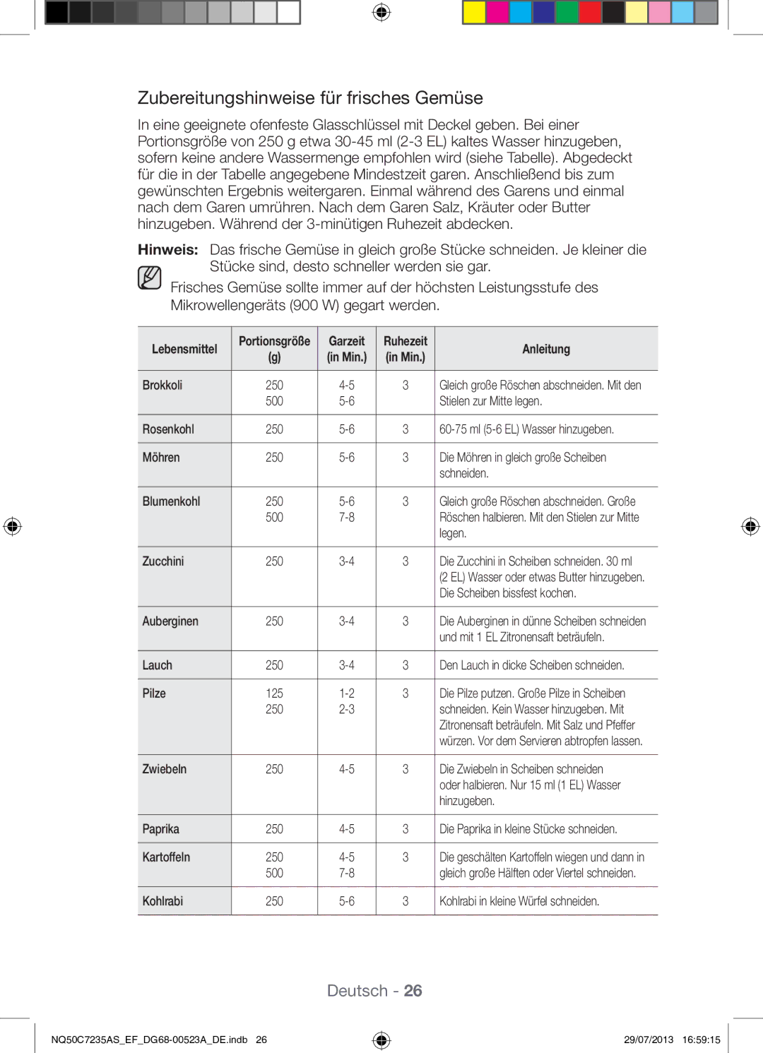 Samsung NQ50C7235AS/EF manual Zubereitungshinweise für frisches Gemüse 