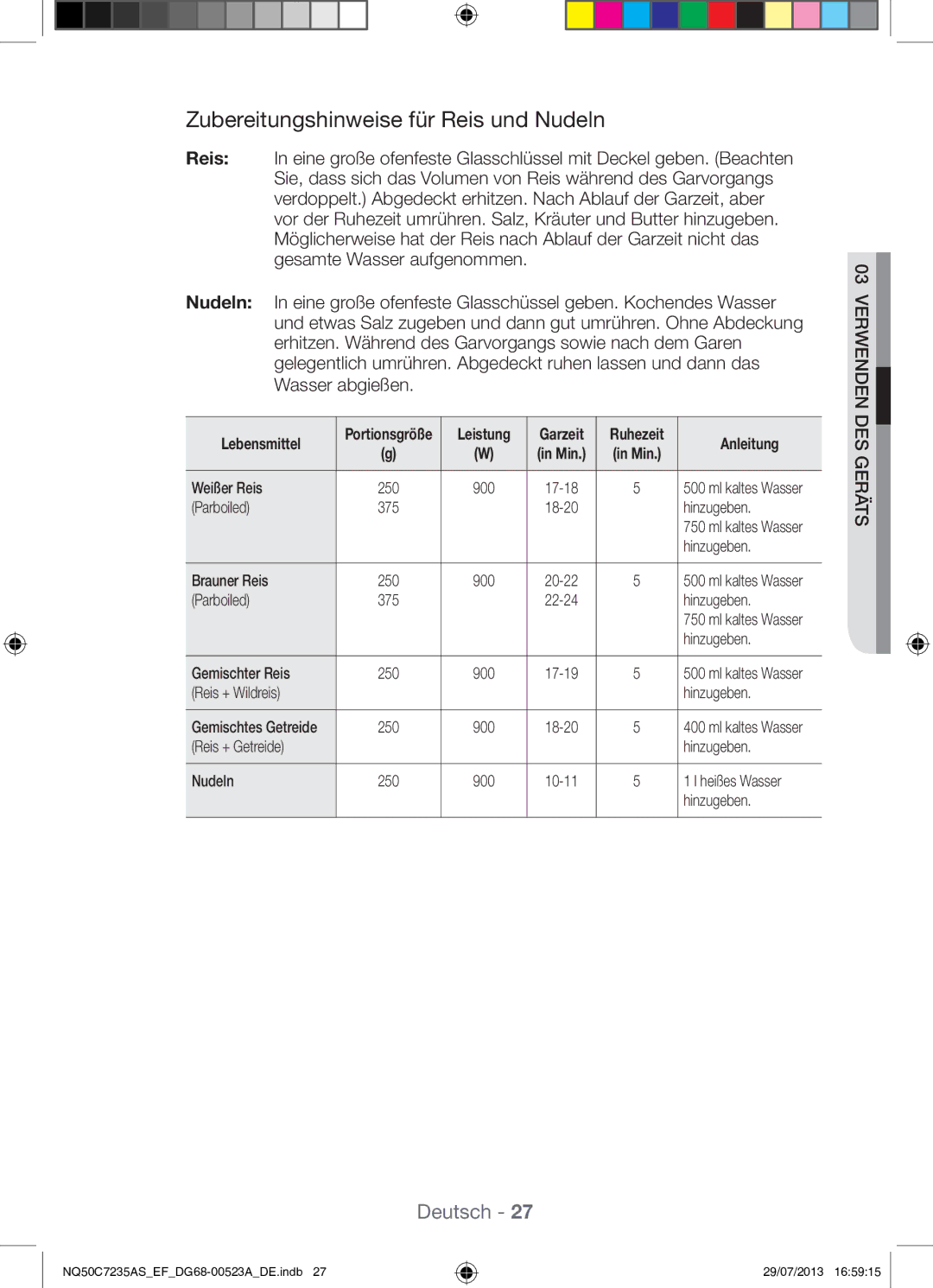 Samsung NQ50C7235AS/EF manual Zubereitungshinweise für Reis und Nudeln 