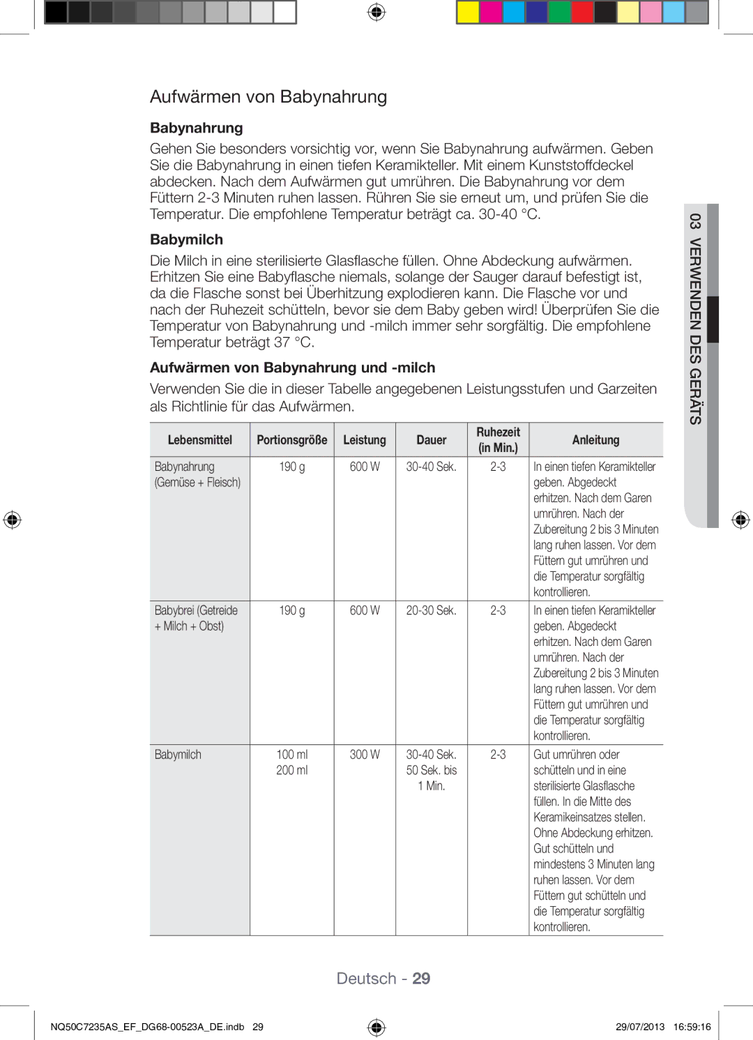 Samsung NQ50C7235AS/EF manual Babymilch, Aufwärmen von Babynahrung und -milch, Dauer 