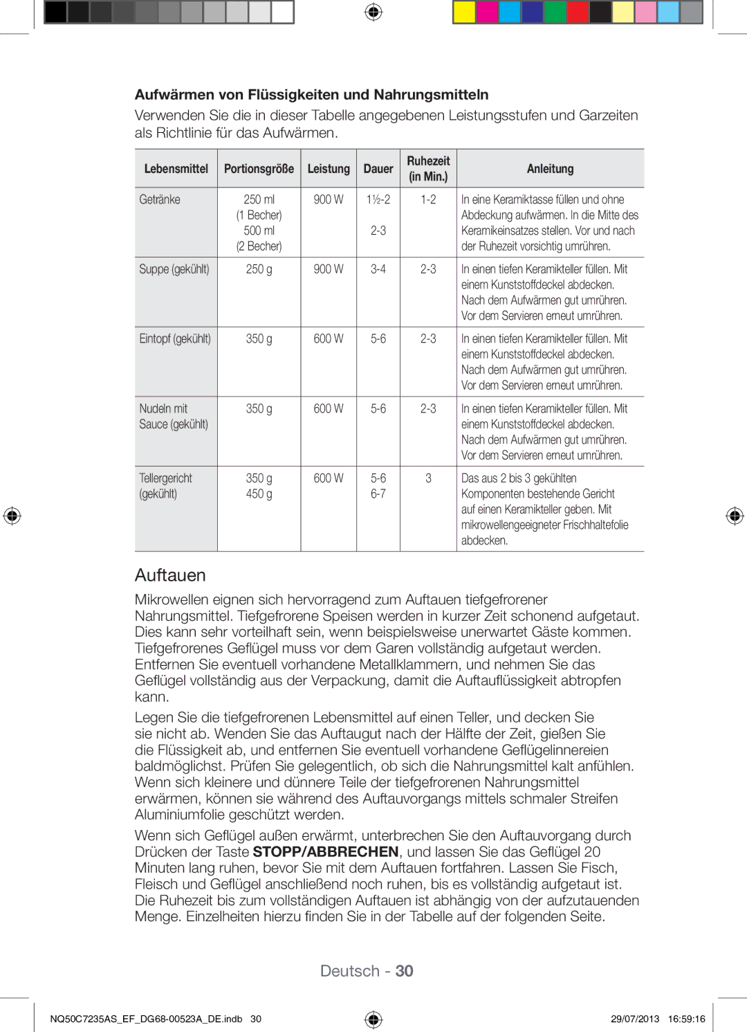 Samsung NQ50C7235AS/EF manual Auftauen, Aufwärmen von Flüssigkeiten und Nahrungsmitteln 