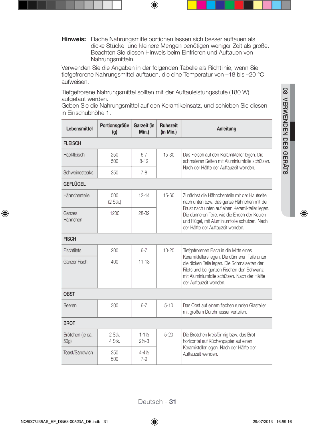 Samsung NQ50C7235AS/EF Hackfleisch, Hähnchenteile, Ganzes, Der Hälfte der Auftauzeit wenden, Fischfilets, Ganzer Fisch 