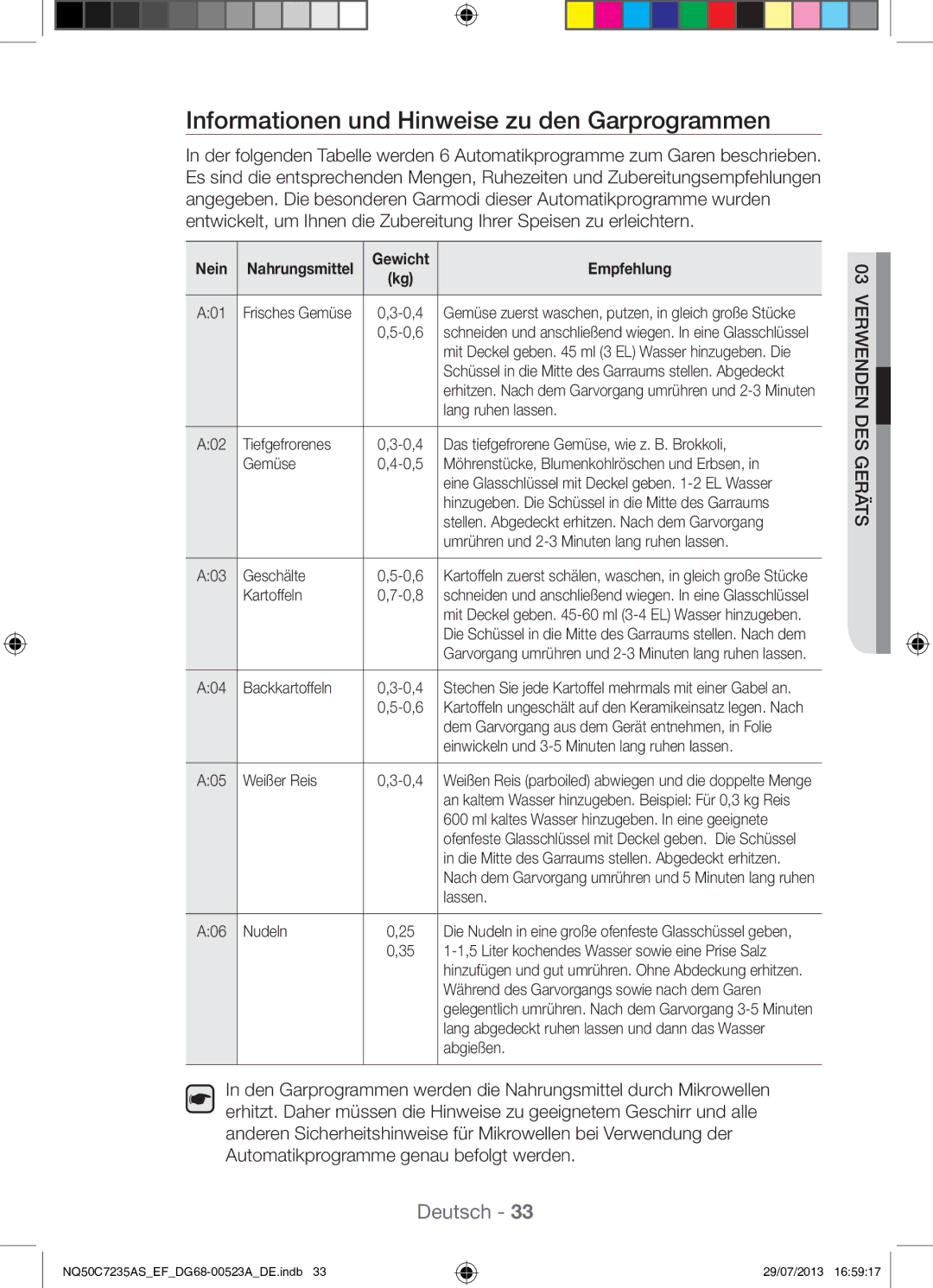 Samsung NQ50C7235AS/EF manual Informationen und Hinweise zu den Garprogrammen, Nein 