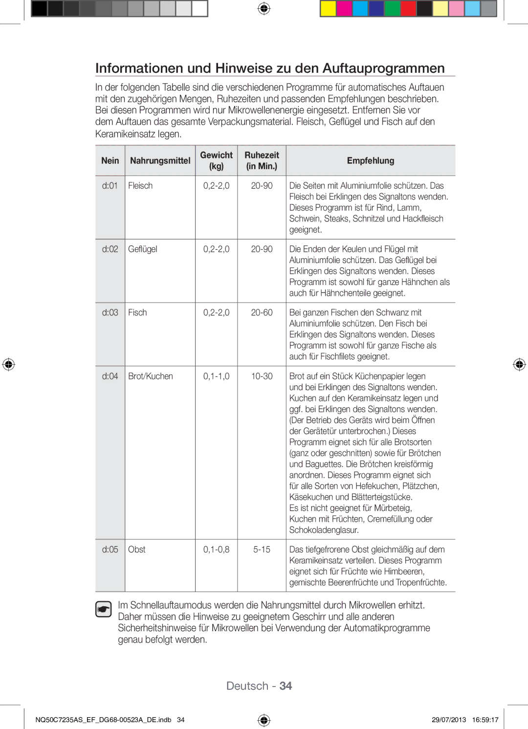 Samsung NQ50C7235AS/EF manual Informationen und Hinweise zu den Auftauprogrammen, Ruhezeit Empfehlung 