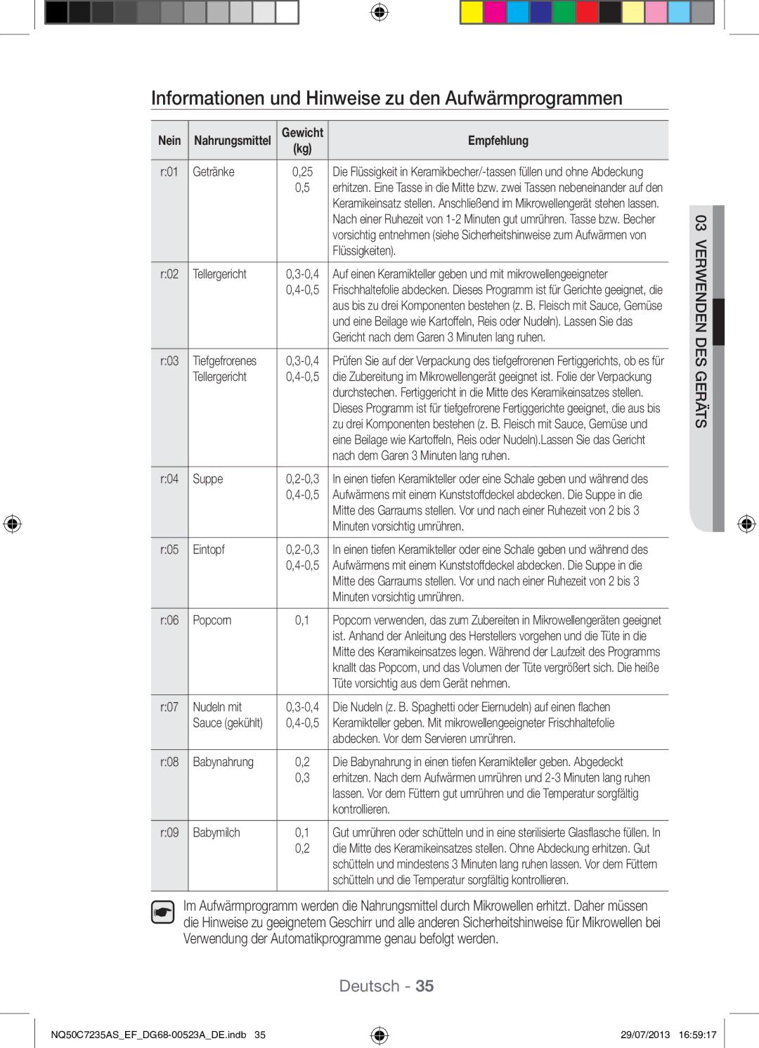 Samsung NQ50C7235AS/EF manual Informationen und Hinweise zu den Aufwärmprogrammen 