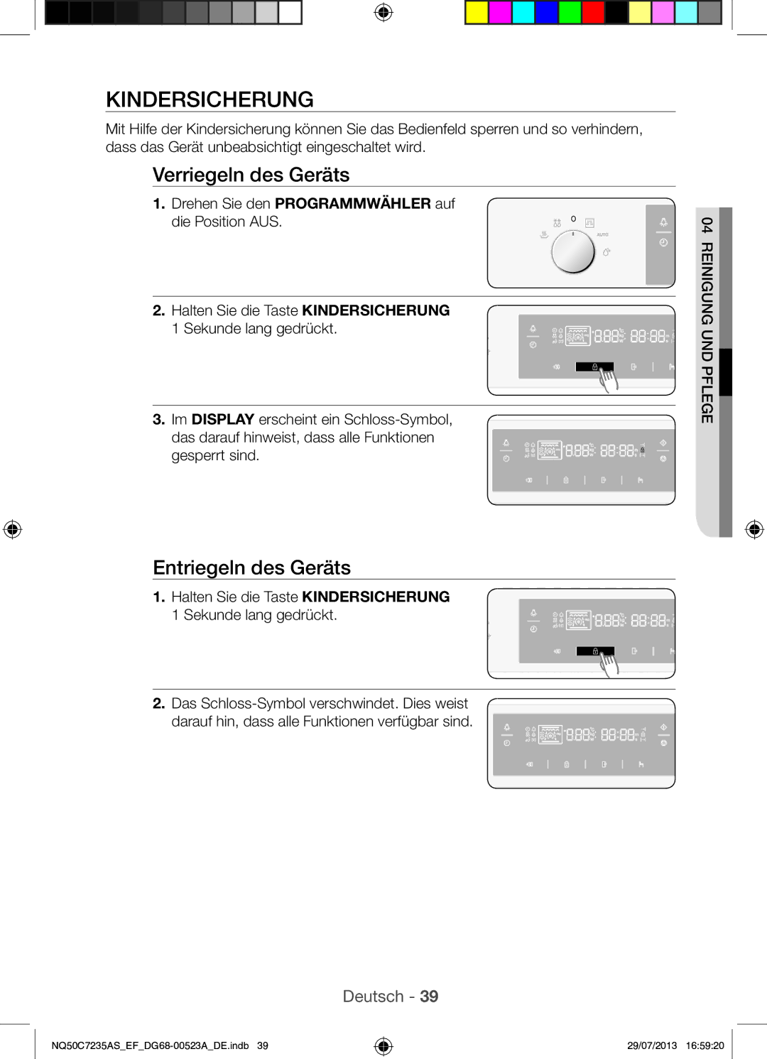 Samsung NQ50C7235AS/EF manual Kindersicherung, Verriegeln des Geräts, Entriegeln des Geräts 