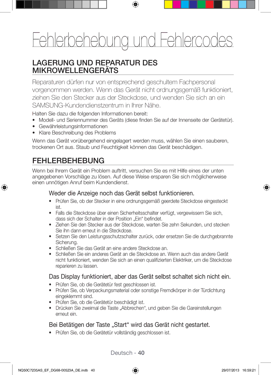 Samsung NQ50C7235AS/EF manual Lagerung UND Reparatur DES Mikrowellengeräts, Fehlerbehebung 