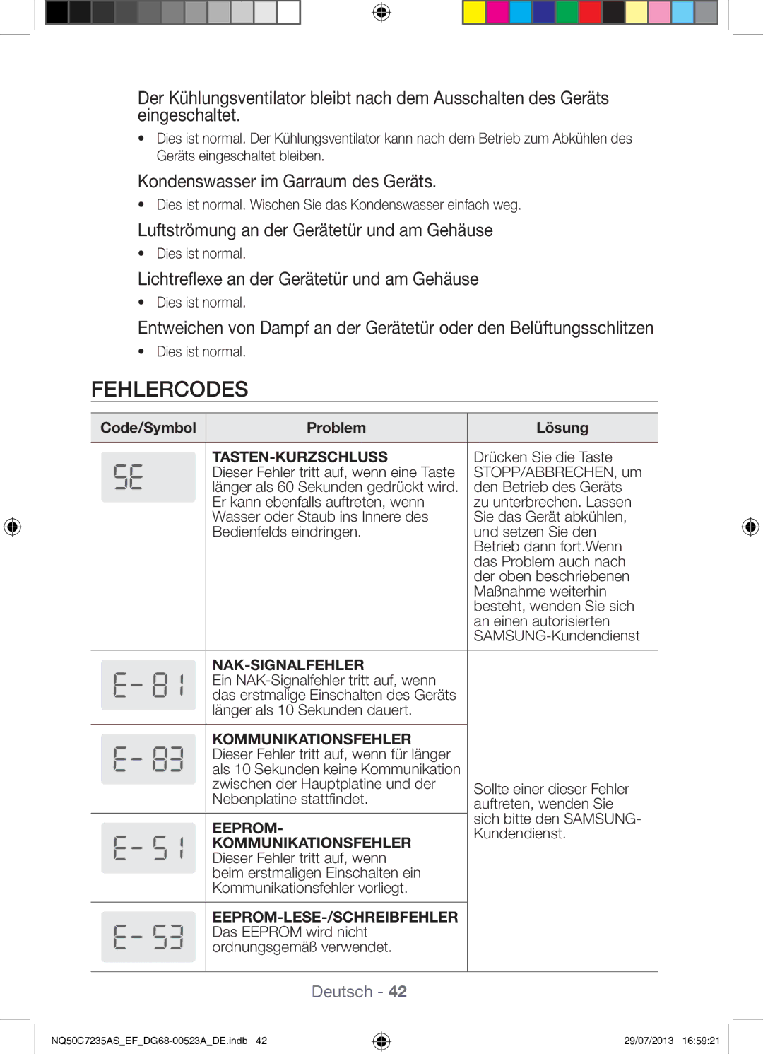 Samsung NQ50C7235AS/EF Fehlercodes, Kondenswasser im Garraum des Geräts, Luftströmung an der Gerätetür und am Gehäuse 