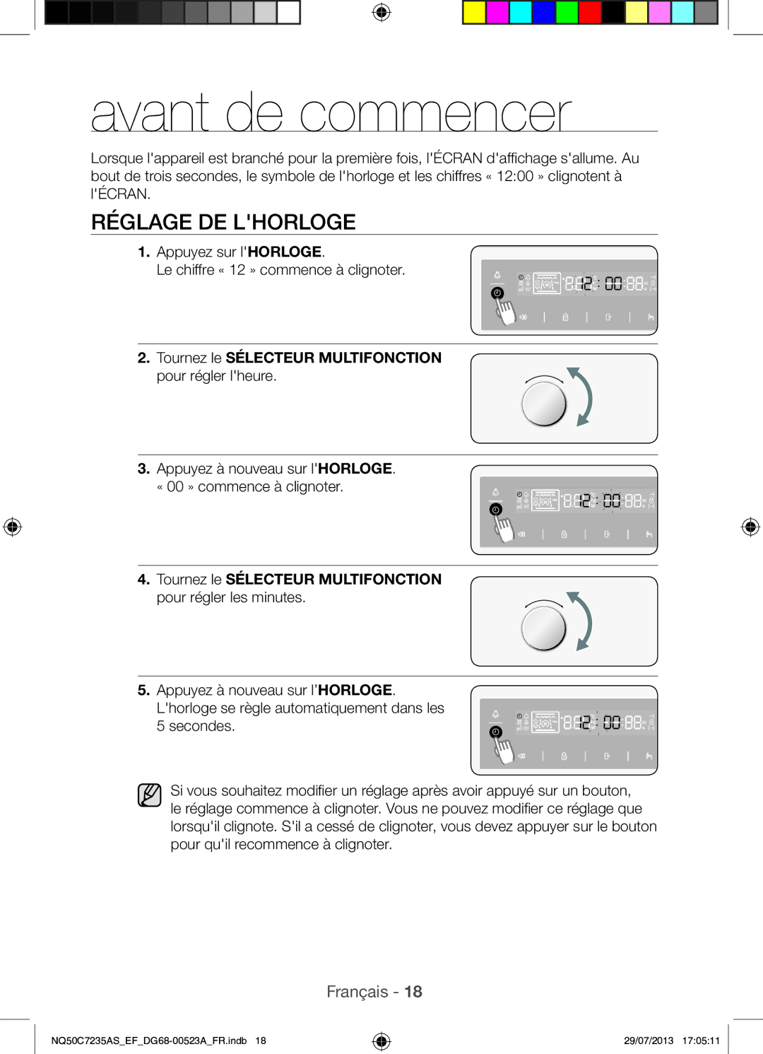 Samsung NQ50C7235AS/EF Avant de commencer, Réglage DE Lhorloge, Tournez le Sélecteur Multifonction pour régler lheure 