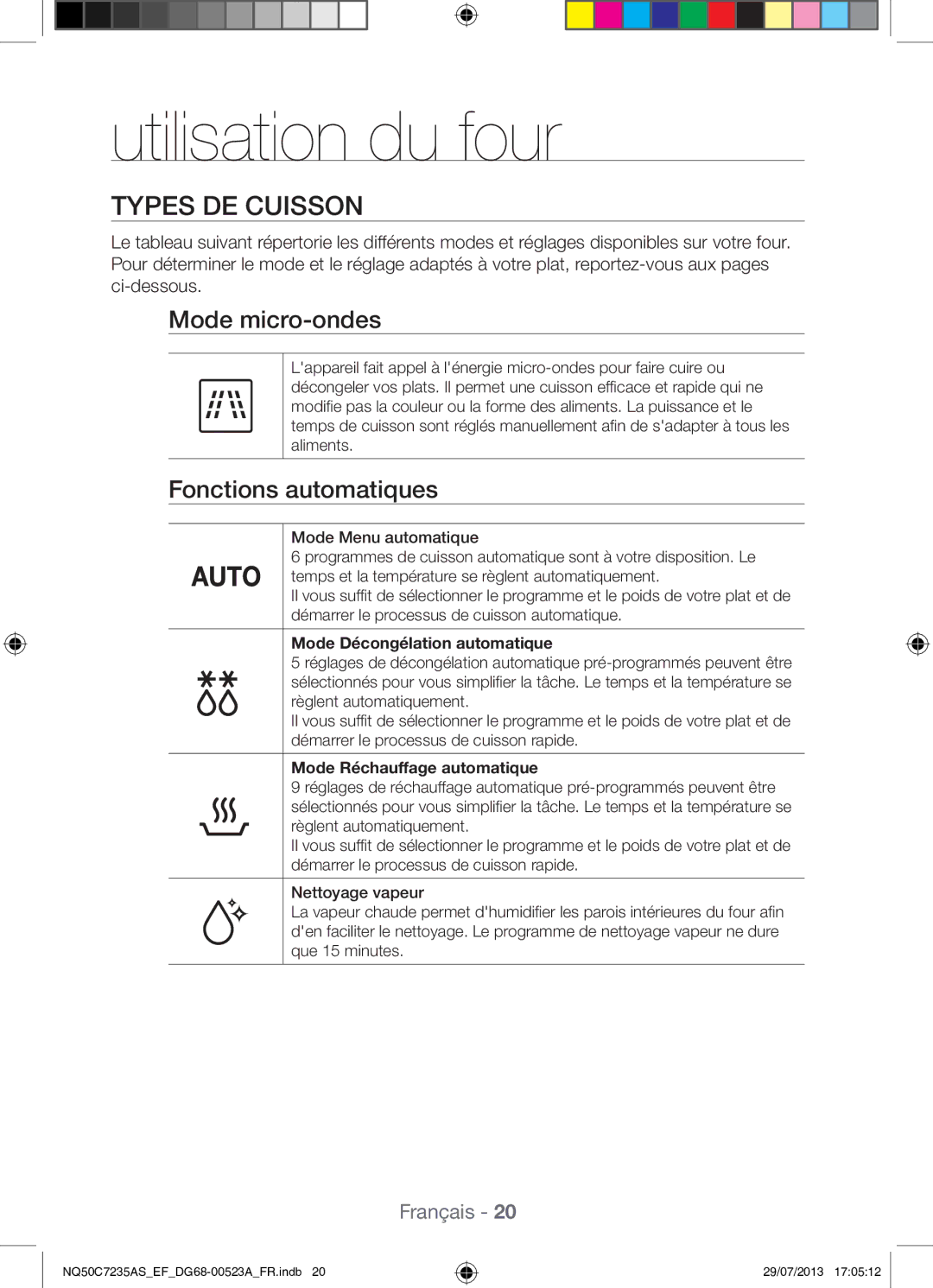 Samsung NQ50C7235AS/EF manual Utilisation du four, Types DE Cuisson, Mode micro-ondes, Fonctions automatiques 