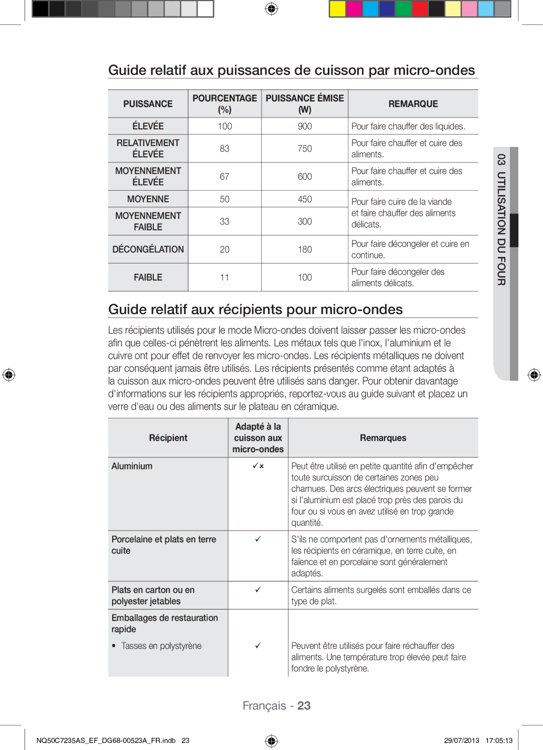 Samsung NQ50C7235AS/EF manual Guide relatif aux puissances de cuisson par micro-ondes, Adapté à la Récipient, Remarques 