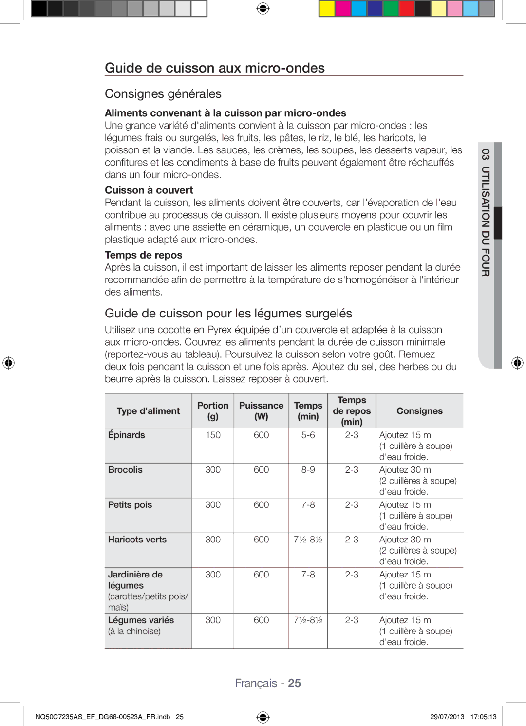 Samsung NQ50C7235AS/EF Guide de cuisson aux micro-ondes, Consignes générales, Guide de cuisson pour les légumes surgelés 