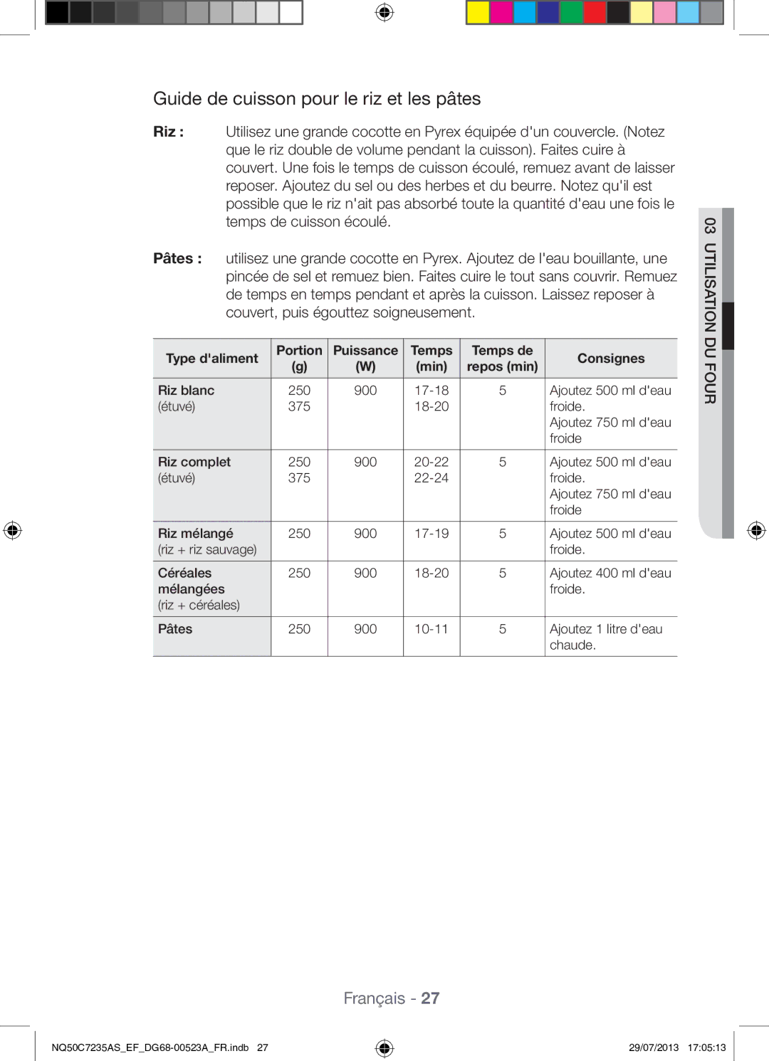 Samsung NQ50C7235AS/EF Guide de cuisson pour le riz et les pâtes, Type daliment Portion Puissance Temps Temps de Consignes 