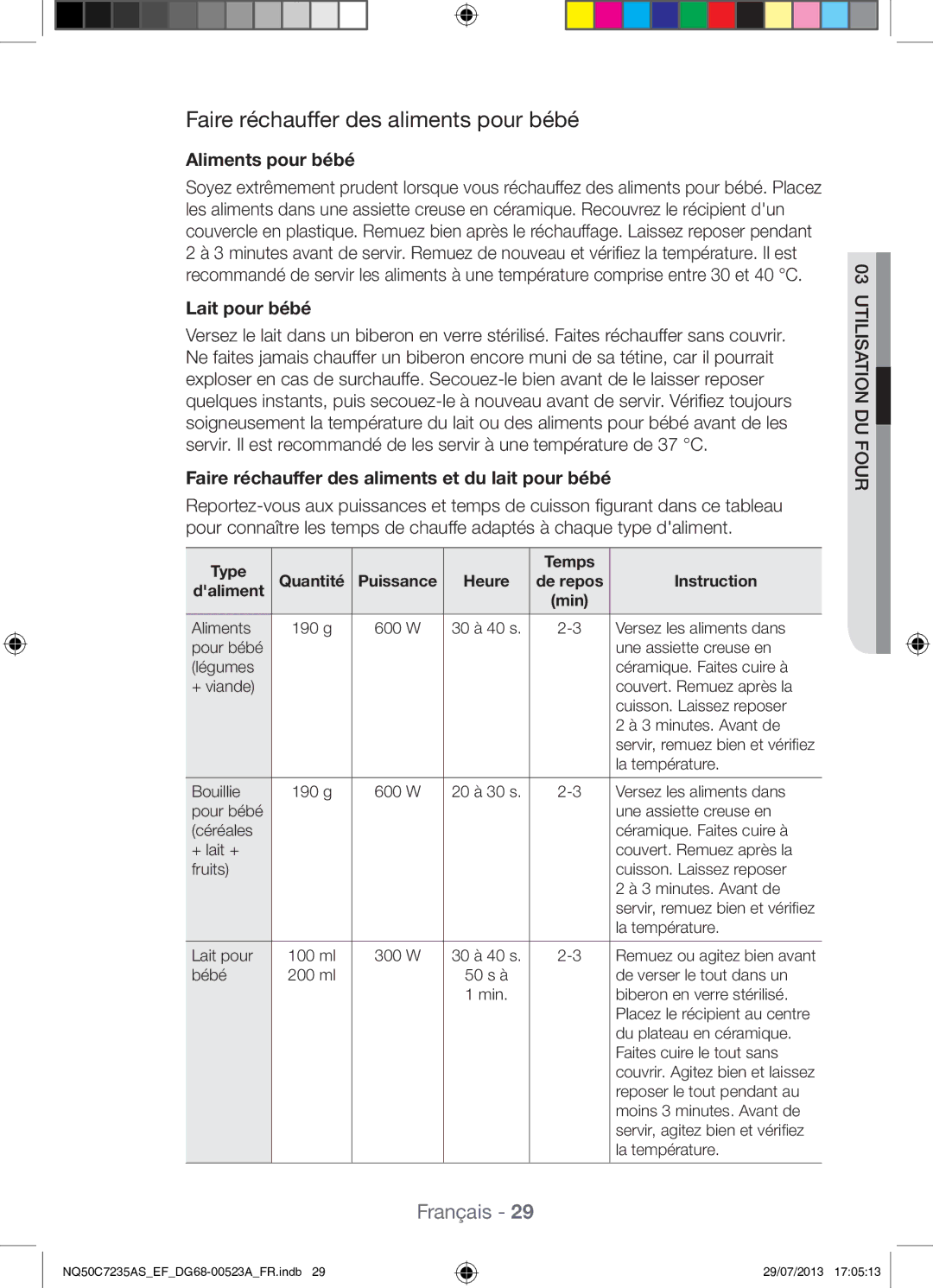 Samsung NQ50C7235AS/EF manual Faire réchauffer des aliments pour bébé, Aliments pour bébé, Lait pour bébé 