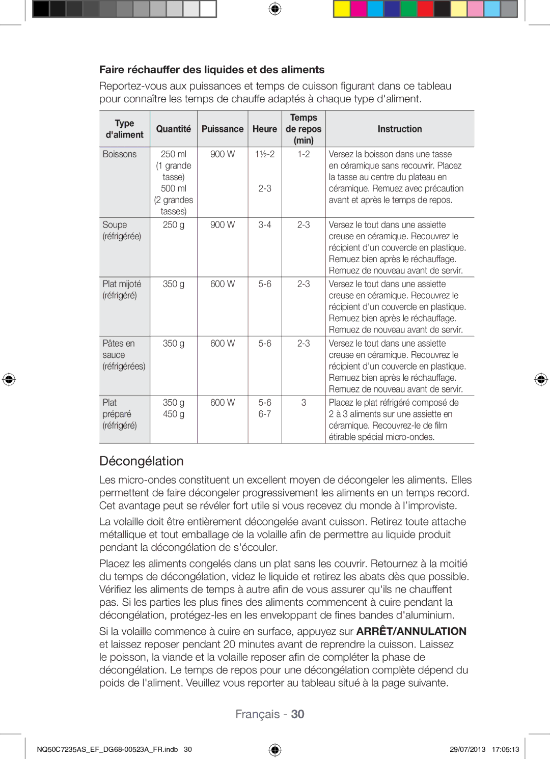 Samsung NQ50C7235AS/EF manual Décongélation, Faire réchauffer des liquides et des aliments 