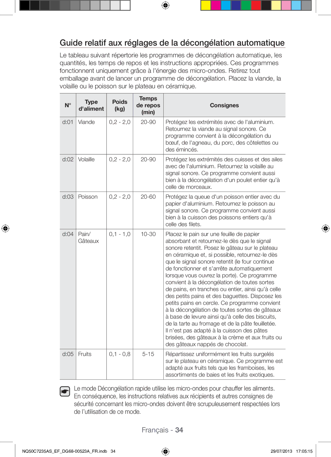 Samsung NQ50C7235AS/EF manual Guide relatif aux réglages de la décongélation automatique, Type Poids Temps 