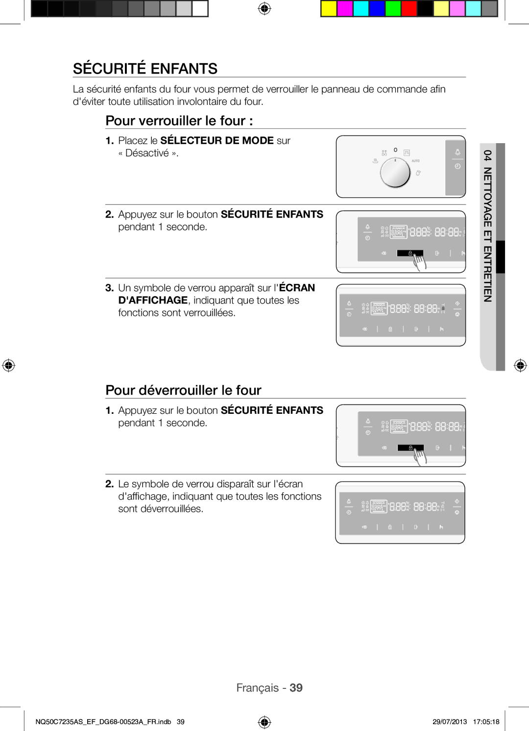 Samsung NQ50C7235AS/EF manual Sécurité Enfants, Pour verrouiller le four, Pour déverrouiller le four 