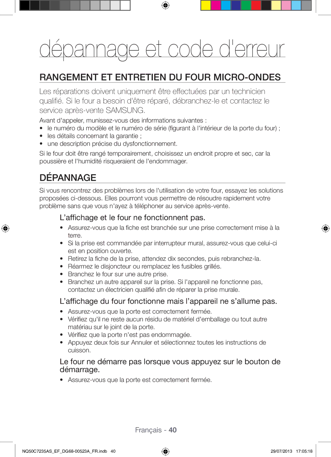 Samsung NQ50C7235AS/EF Rangement ET Entretien DU Four MICRO-ONDES, Dépannage, ’affichage et le four ne fonctionnent pas 