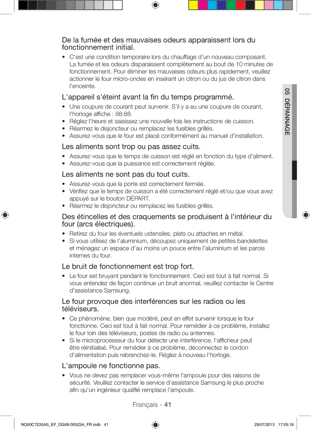 Samsung NQ50C7235AS/EF manual Lappareil séteint avant la fin du temps programmé, Les aliments sont trop ou pas assez cuits 