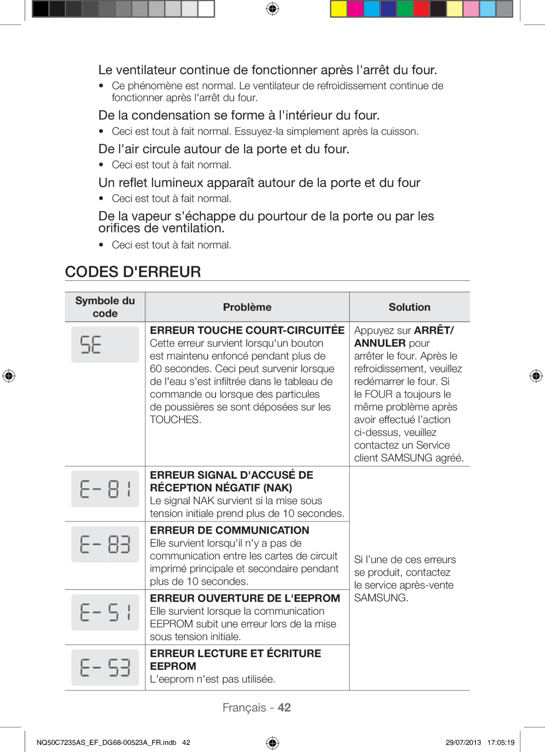 Samsung NQ50C7235AS/EF manual Codes Derreur, Le ventilateur continue de fonctionner après larrêt du four 