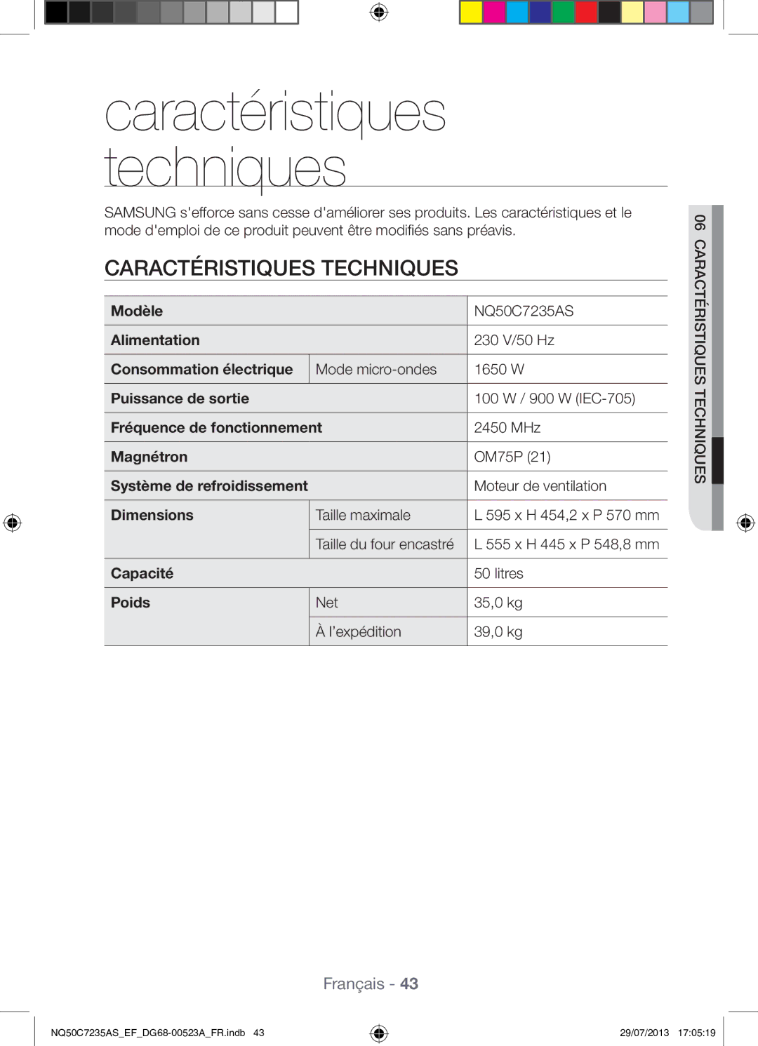 Samsung NQ50C7235AS/EF manual Caractéristiques Techniques 