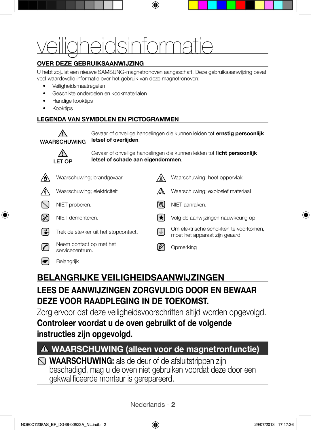 Samsung NQ50C7235AS/EF manual Veiligheidsinformatie, Waarschuwing letsel of overlijden, Opmerking 