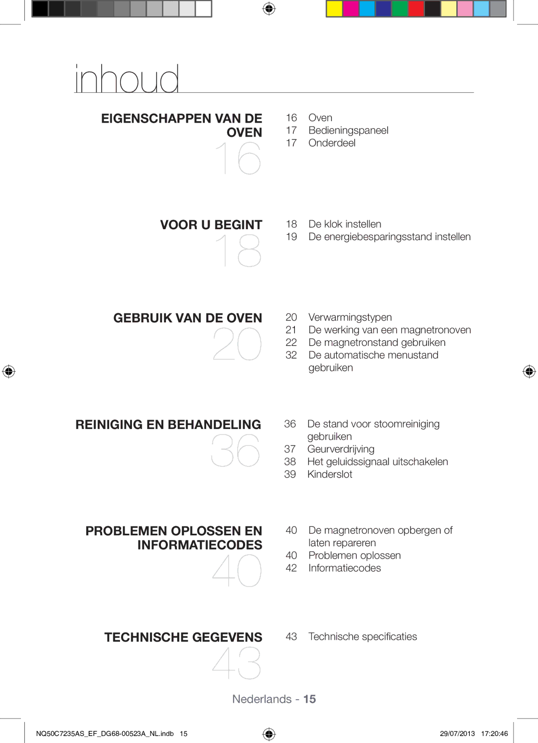 Samsung NQ50C7235AS/EF manual Inhoud, Bedieningspaneel 