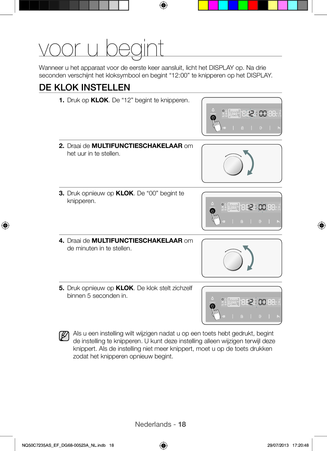 Samsung NQ50C7235AS/EF manual Voor u begint, DE Klok Instellen, Draai de Multifunctieschakelaar om 