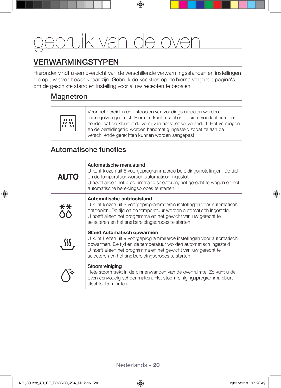 Samsung NQ50C7235AS/EF manual Gebruik van de oven, Verwarmingstypen, Magnetron, Automatische functies 