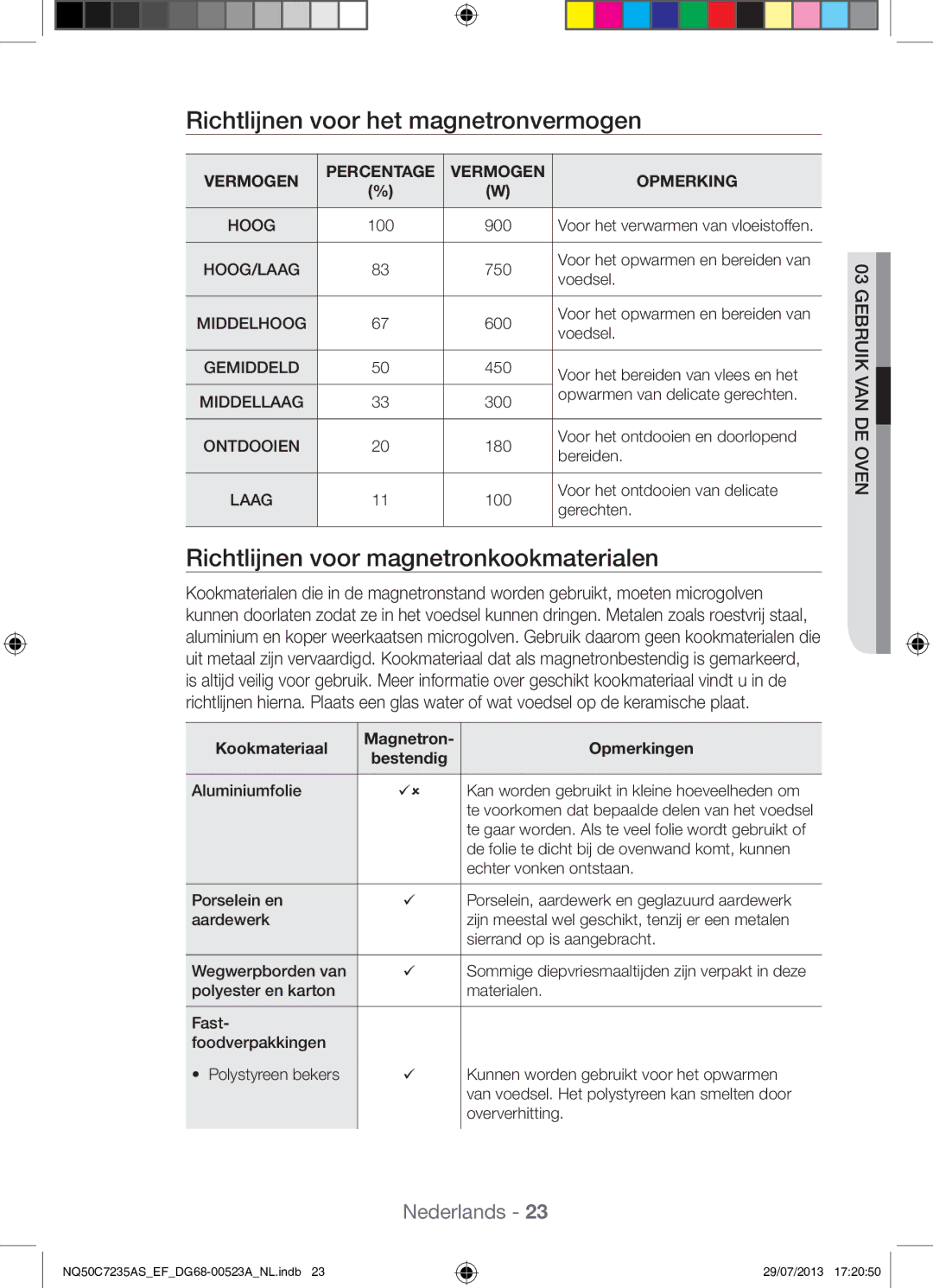 Samsung NQ50C7235AS/EF manual Richtlijnen voor het magnetronvermogen, Richtlijnen voor magnetronkookmaterialen 