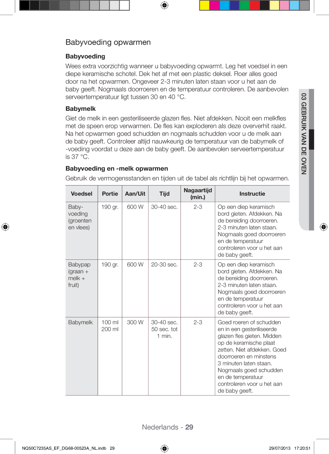 Samsung NQ50C7235AS/EF manual Babyvoeding opwarmen, Babymelk, Babyvoeding en -melk opwarmen 