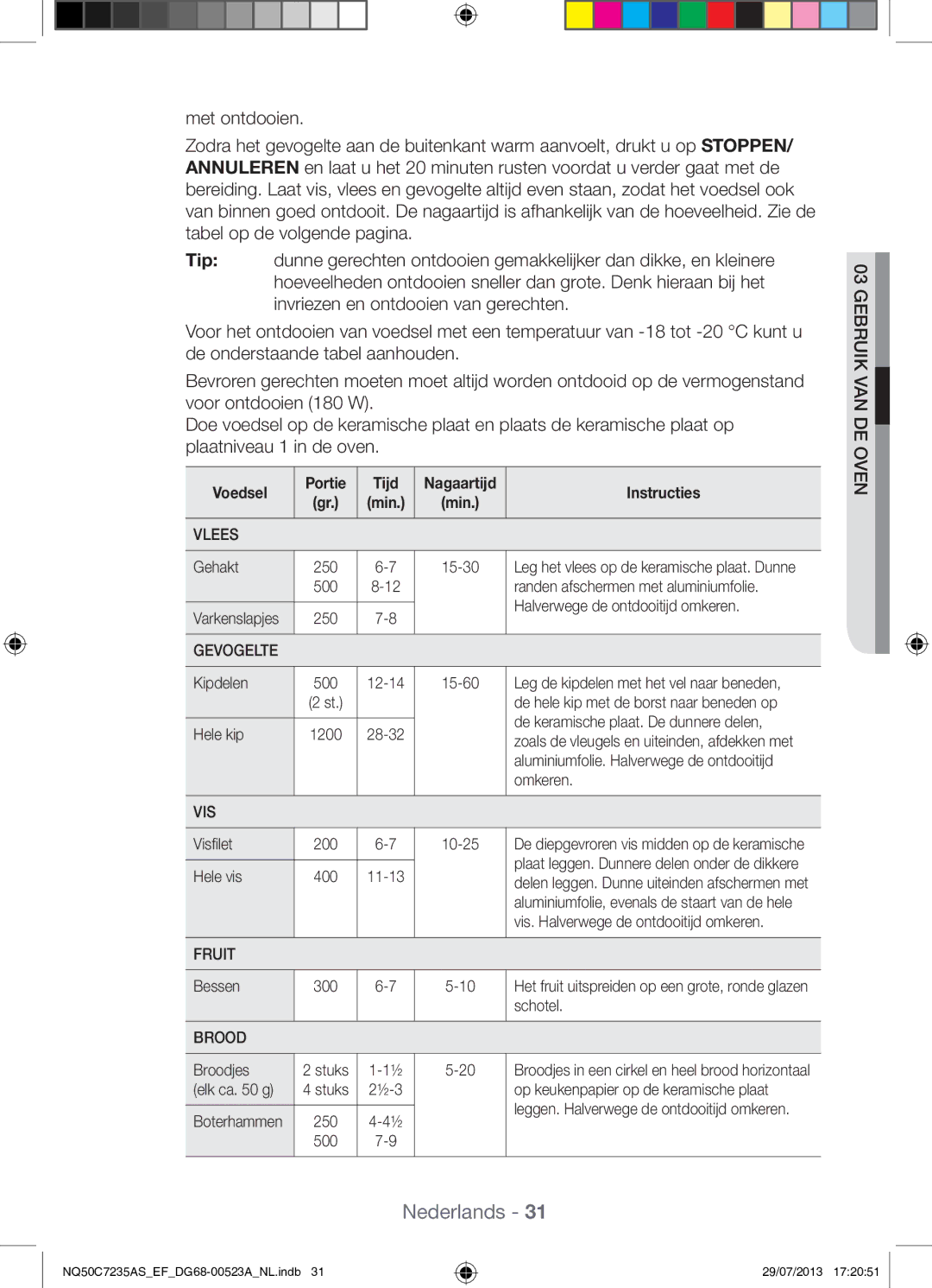 Samsung NQ50C7235AS/EF Gehakt, Randen afschermen met aluminiumfolie, Halverwege de ontdooitijd omkeren, Kipdelen, Hele kip 