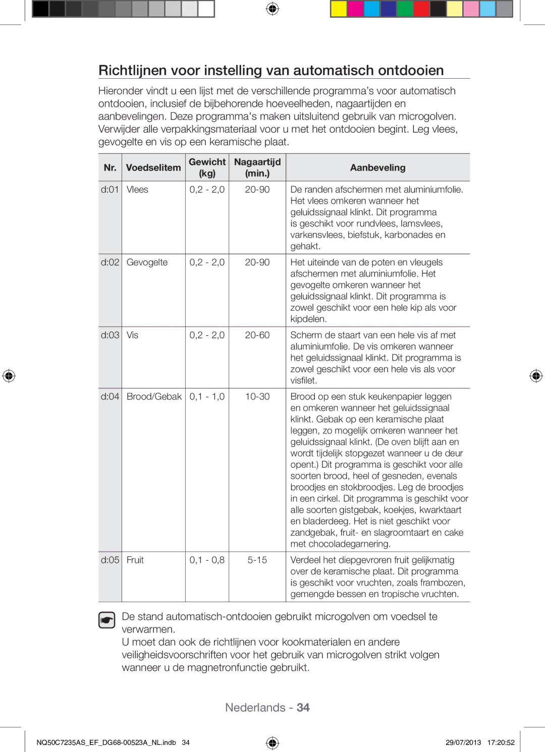 Samsung NQ50C7235AS/EF manual Richtlijnen voor instelling van automatisch ontdooien, Gewicht Nagaartijd Aanbeveling 