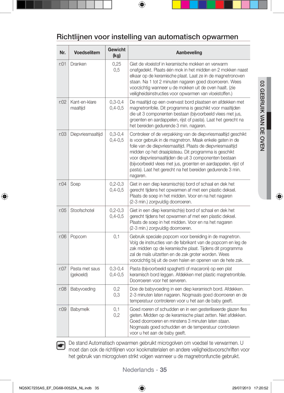 Samsung NQ50C7235AS/EF manual Richtlijnen voor instelling van automatisch opwarmen 