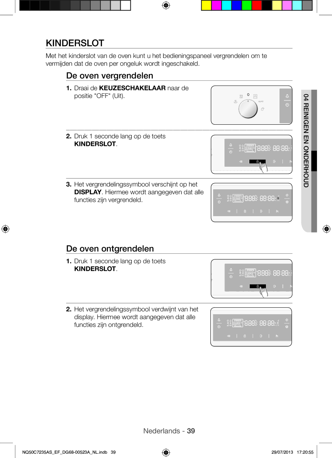 Samsung NQ50C7235AS/EF manual Kinderslot, De oven vergrendelen, De oven ontgrendelen 