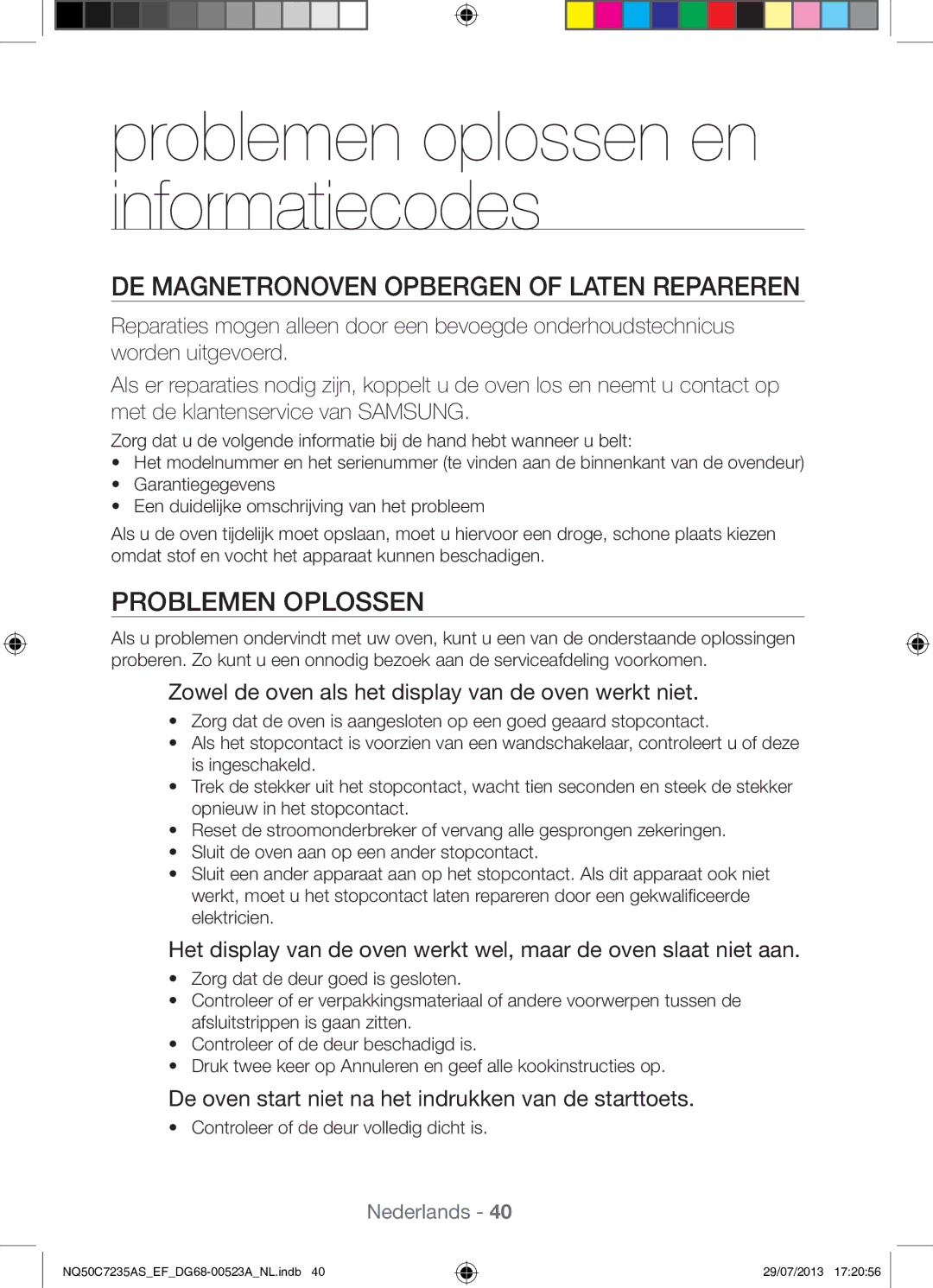 Samsung NQ50C7235AS/EF manual Problemen oplossen en informatiecodes, DE Magnetronoven Opbergen of Laten Repareren 