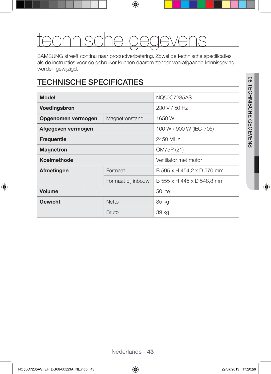 Samsung NQ50C7235AS/EF manual Technische gegevens, Technische Specificaties 