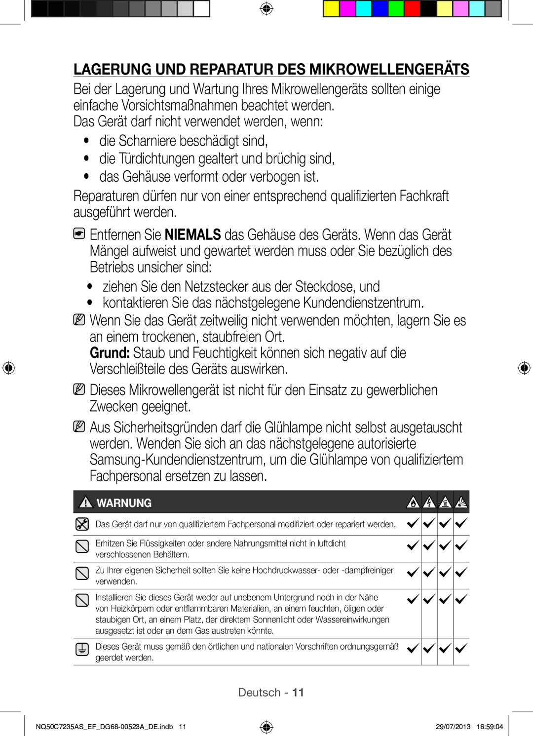 Samsung NQ50C7235AS/EF manual Lagerung UND Reparatur DES Mikrowellengeräts 