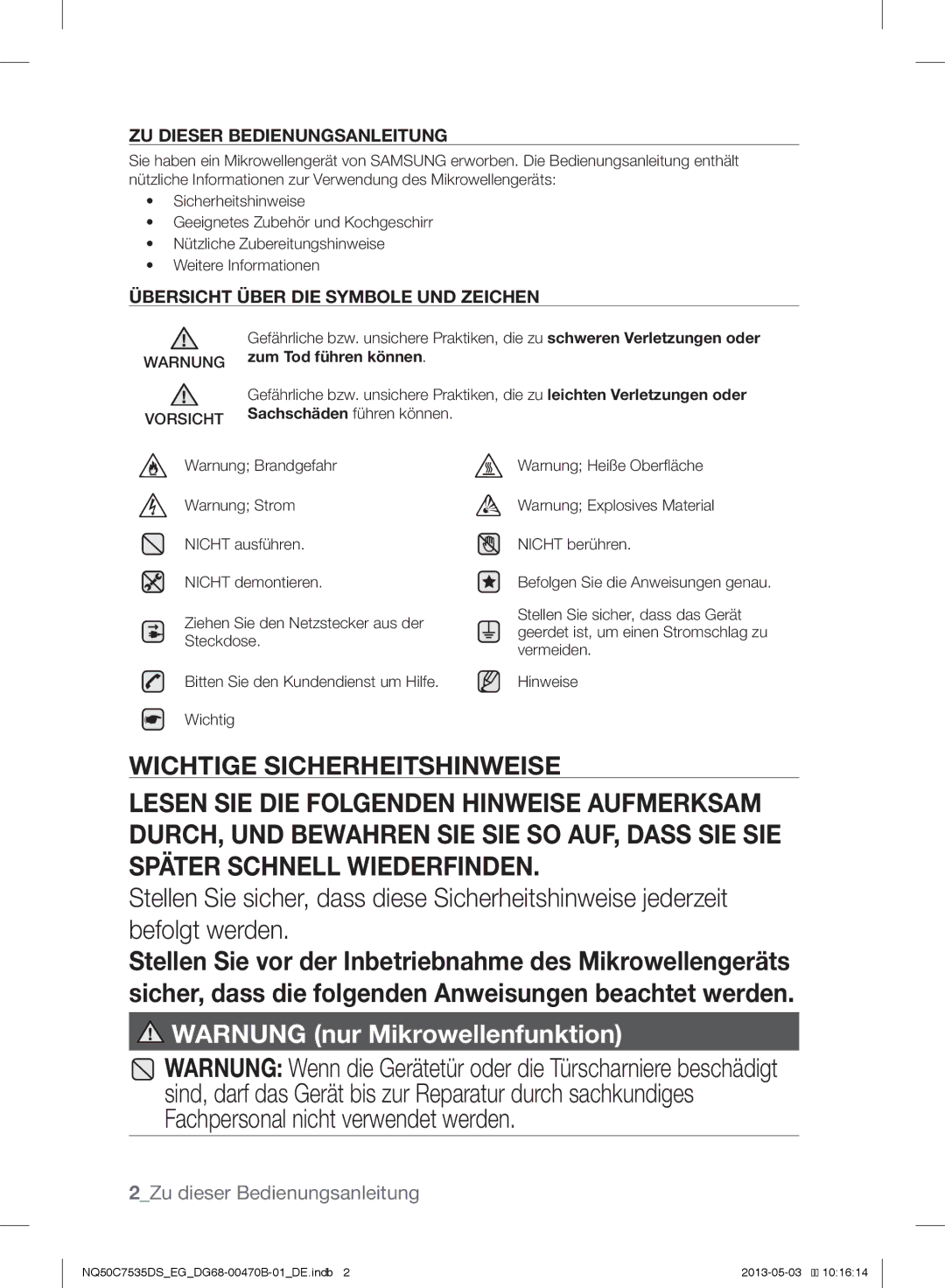 Samsung NQ50C7535DS/EG manual Warnung nur Mikrowellenfunktion 